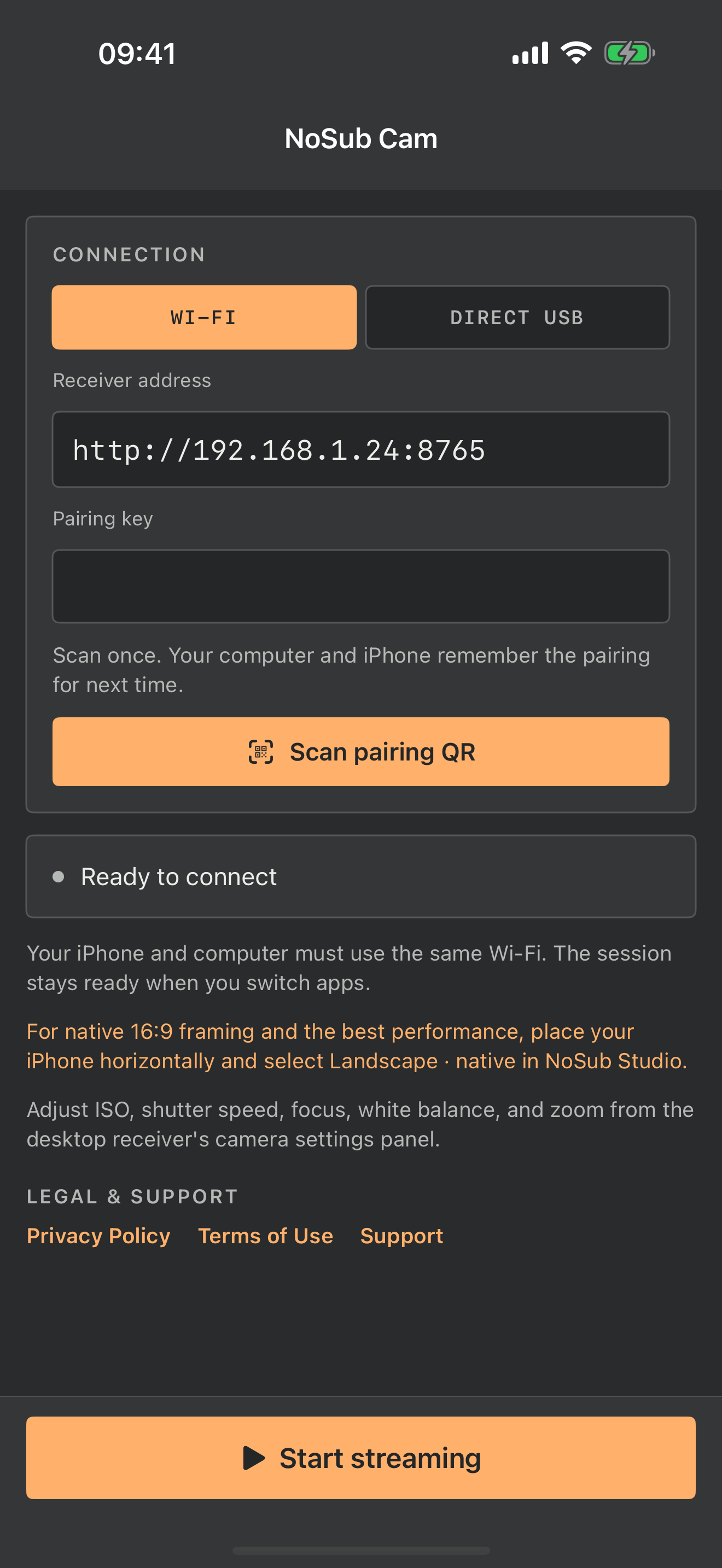 Current NoSub Cam iPhone interface with Wi-Fi and Direct USB tabs, Scan pairing QR, and Start streaming